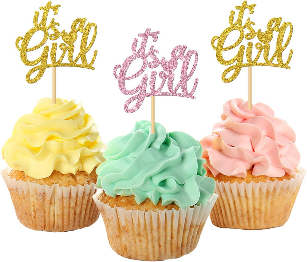 MonMon & Craft It's a Girl Cupcake Toppers - Baby Shower Cupcake Toppers - Girls 1st Birthday - Gender Reveal Party Cupcake Decorations - Glitter 24 Pcs