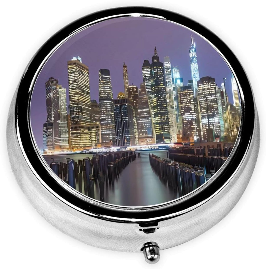 New York City 3 Compartment Medicine Pill Case, Printed Travel Pill Box for Purse & Pocket, Cute Portable Pill Organizer Box Medicine Vitamin Holder Organizer