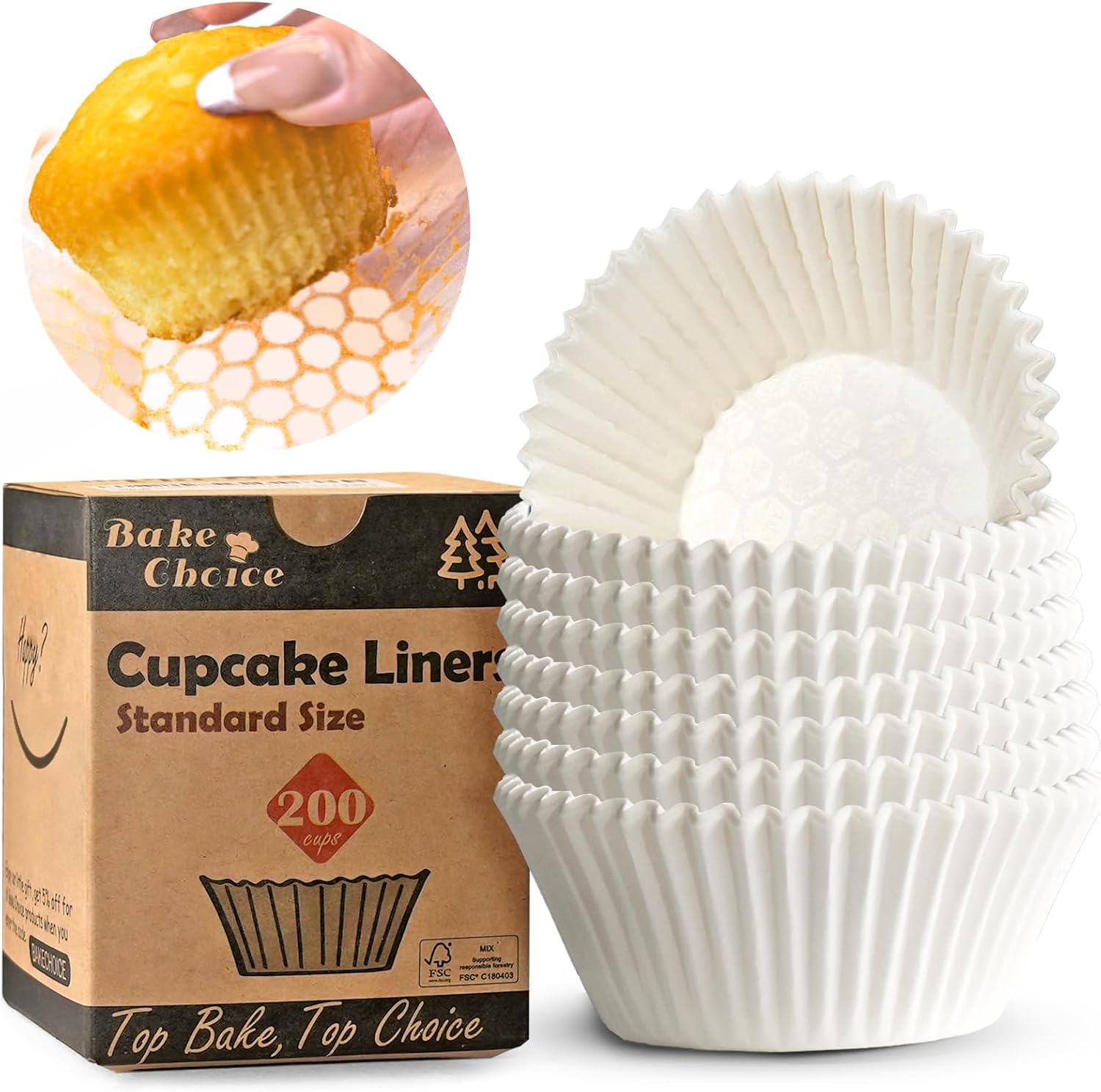 Bake Choice 200pcs Standard White Cupcake Liners for Baking, Upgraded Natural Muffin Liners, Balance Non-Stick & Non-Slip, Greaseproof Parchment Paper, Cupcake Wrapper for Party, Wedding, Christmas