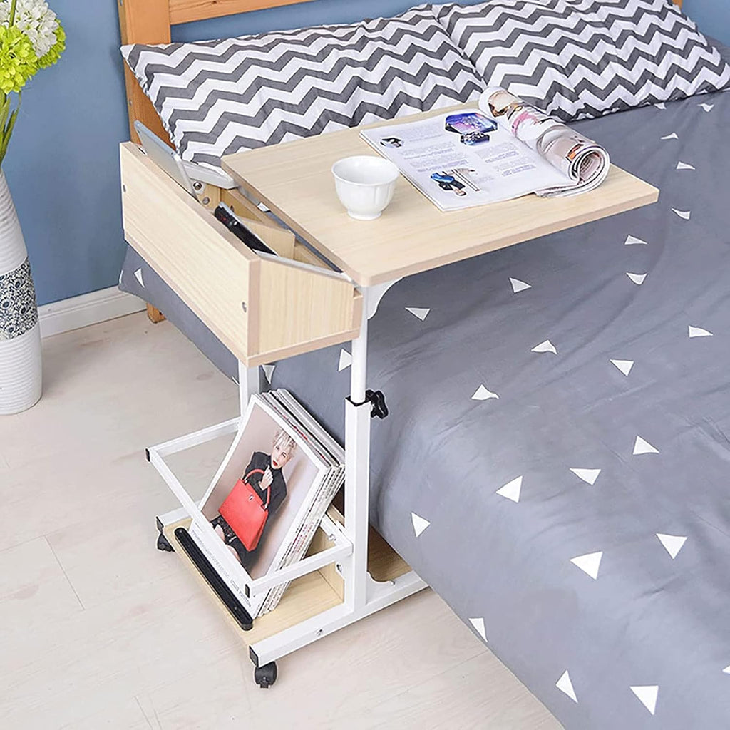 Side Table, Movable Laptop Table, Height Adjustable Overbed Table Computer Work Station with Wheels and Storage Rack, Overbed and Chair Table Portable Desk for Working Dining Studying