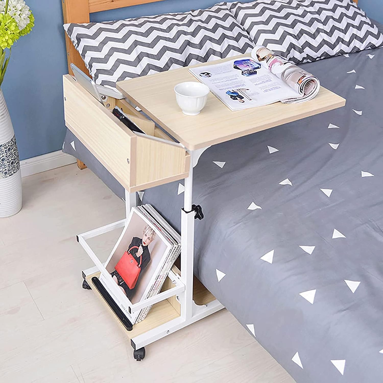 Side Table, Movable Laptop Table, Height Adjustable Overbed Table Computer Work Station with Wheels and Storage Rack, Overbed and Chair Table Portable Desk for Working Dining Studying