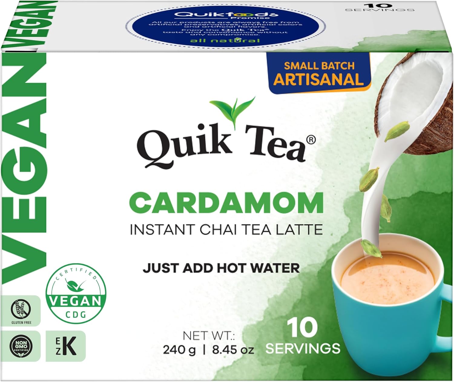QuikTea Instant Vegan Cardamom Chai Tea Latte – 10 Count, Warm and soothing Cardamom Flavor, low Caffeine, no artificial colors, flavors or preservatives – Just Add Hot Water, Kosher, non-GMO