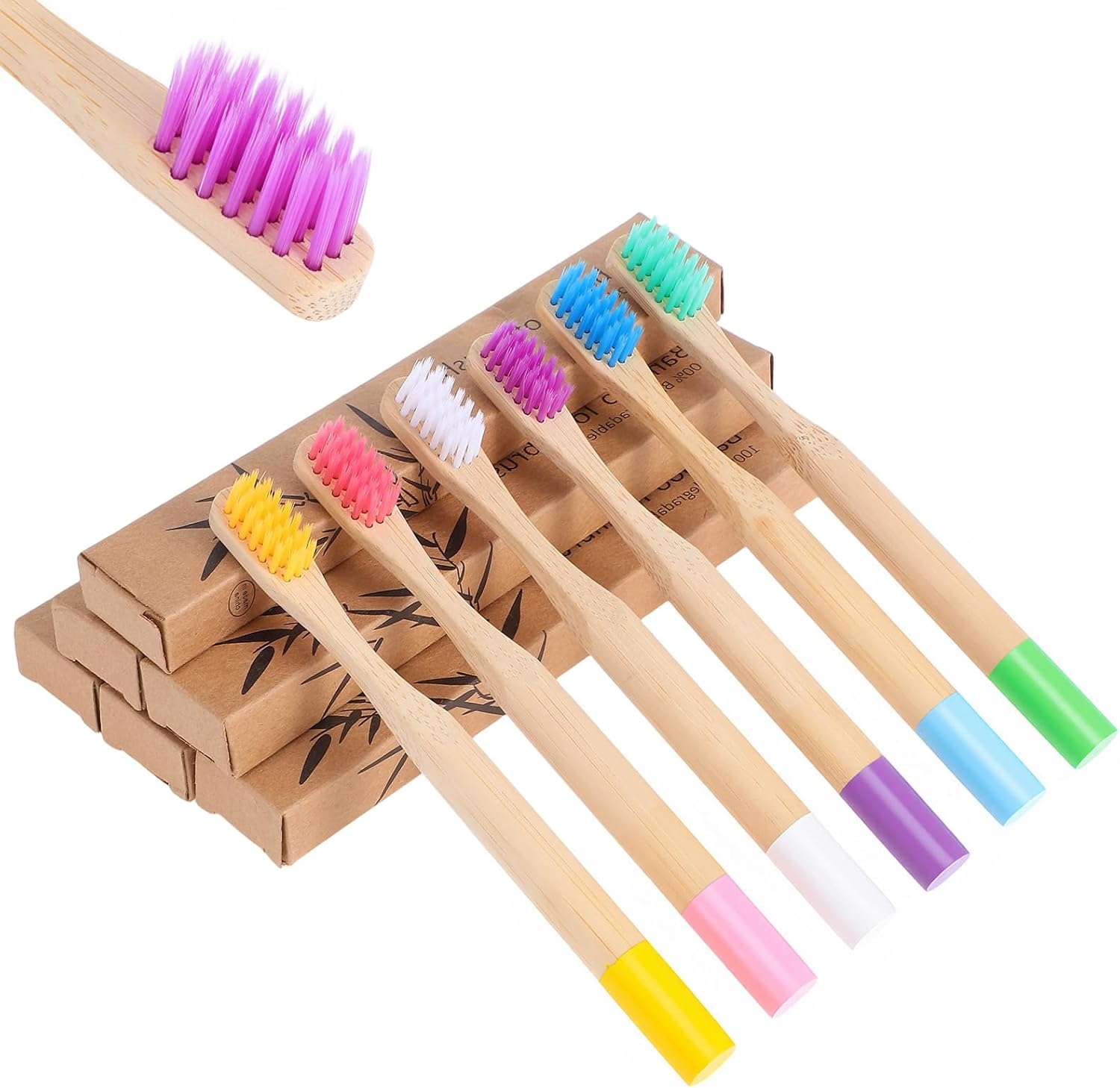 6 PCS Kids Bamboo Toothbrushes Soft Bristles Natural Wooden Round Handle Tooth Brush Children Toothbrush Individually Wrapped Kids Travel Toothbrushes Set Multicolor