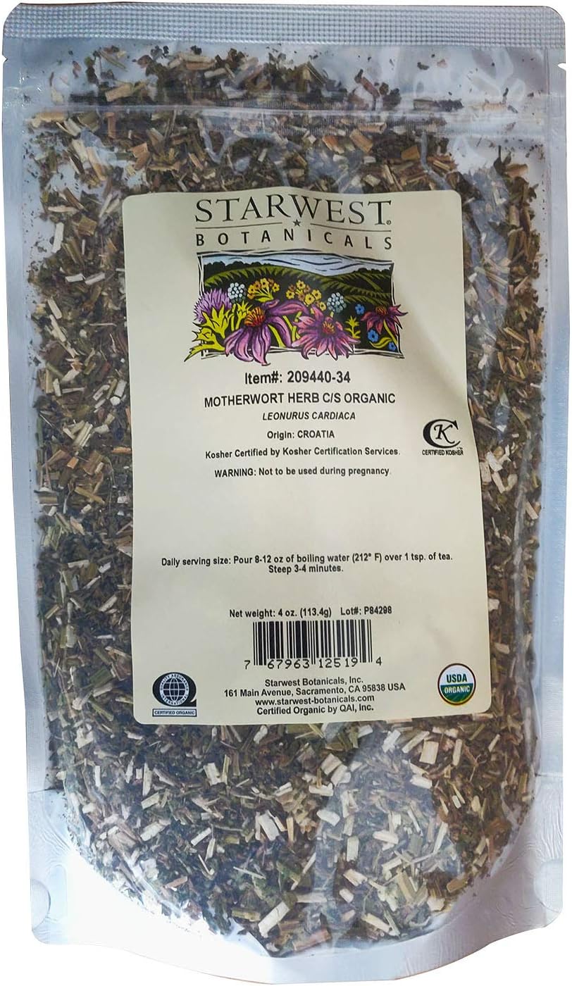 Starwest Botanicals Organic Dried Motherwort Herb - Motherwort for Herbal Teas, Seasoning Blends, Broths, & More, Leonurus Cardiaca, Cut & Sifted, Non GMO - 4 oz Bag