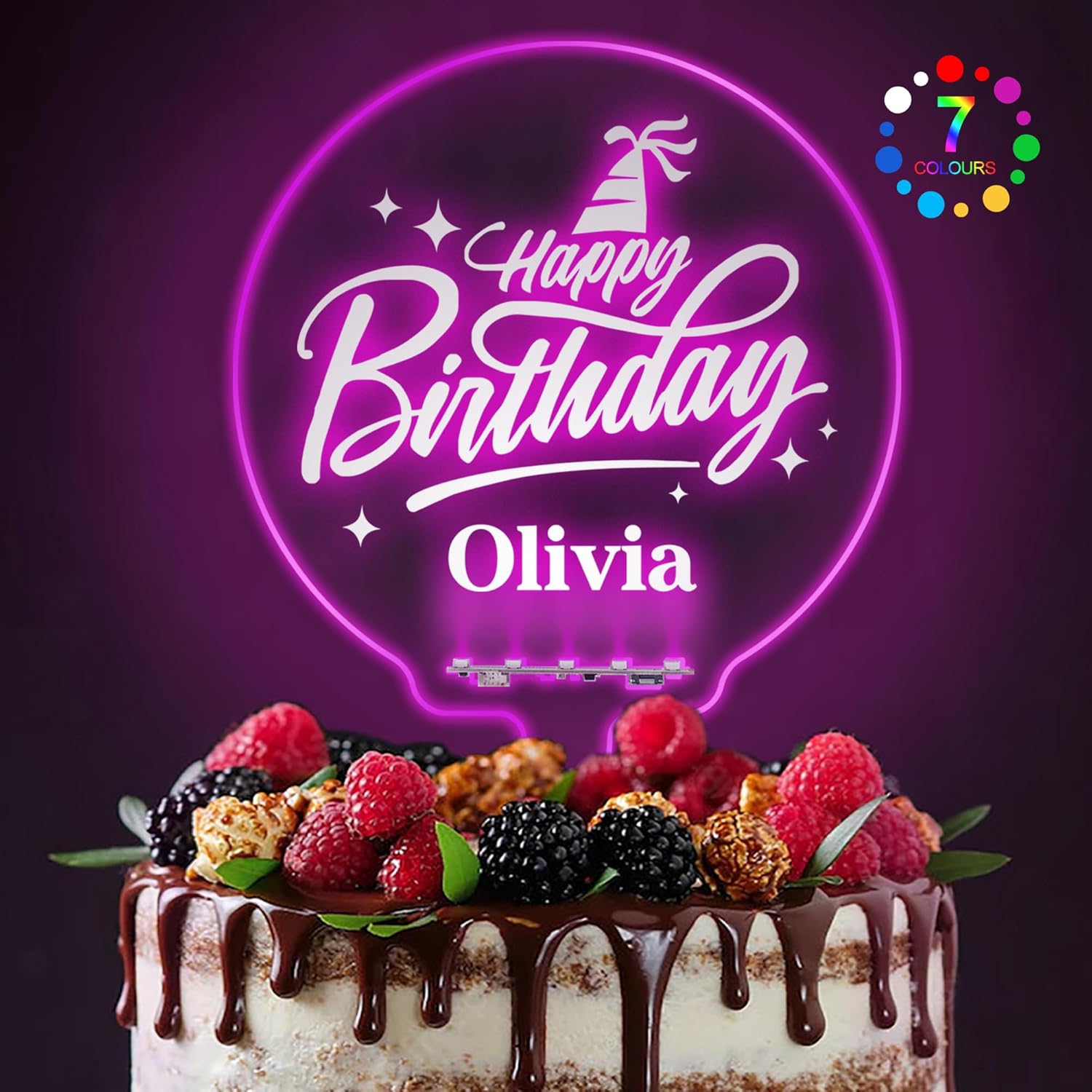 LED Personalized Happy Birthday Cake Toppers 7 Colour Changes Light Up Cake Topper Acrylic Cake Toppers Cake Decorations for 1st 16th 18th 20th 21st 30th 40th 50th 60th 70th(Design1)