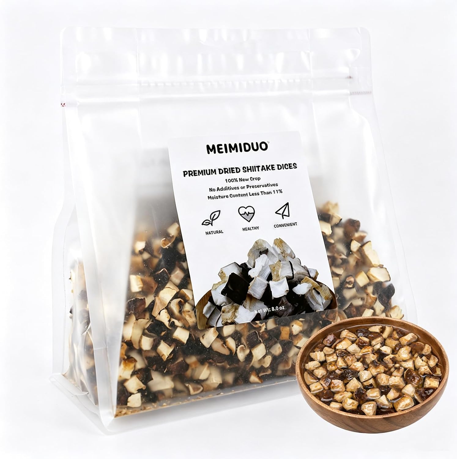 MEIMIDUO Pre-Cut Dried Shiitake Dices, Natural Dried Mushrooms, Premium Shiitake Mushrooms, Rich Mushroom Flavor, No Additives, Ideal Mushroom Powder Alternative for All Cuisines