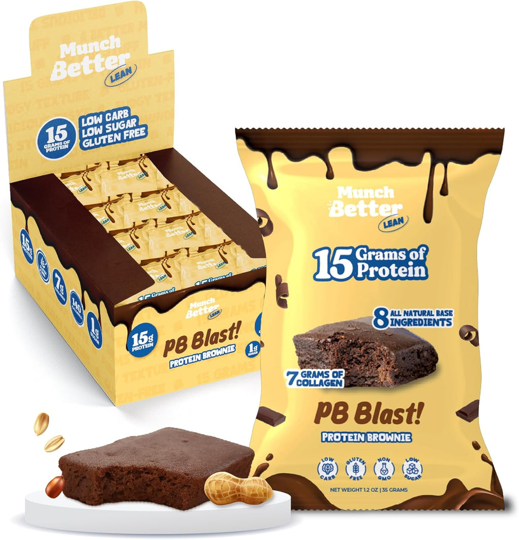 Munch Better PB Blast! Protein Brownies – 15g Protein, Gluten-Free, Low Sugar, Soft Baked Peanut Butter Brownie Bars, 7g Collagen, Clean Ingredients – 12 Count Box, Individually Wrapped for Convenience