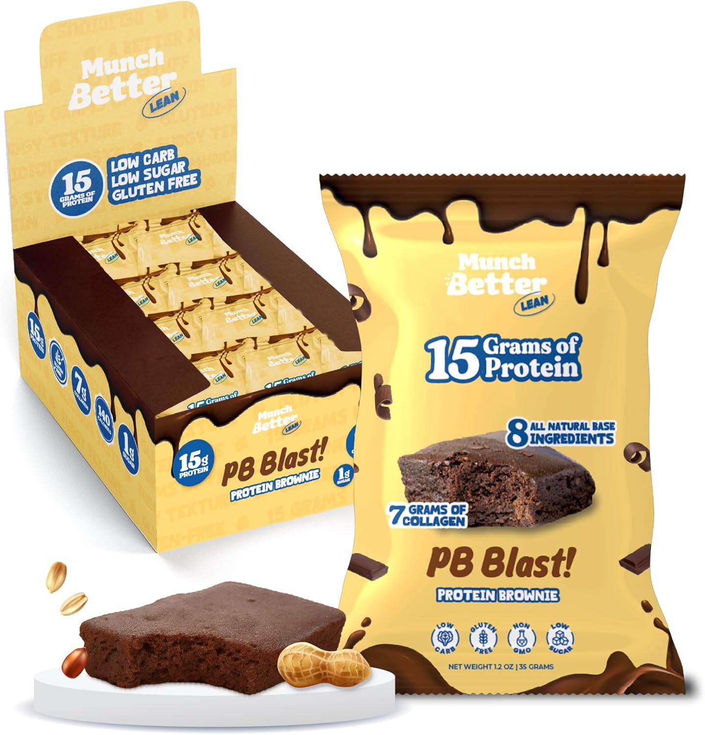 Munch Better PB Blast! Protein Brownies – 15g Protein, Gluten-Free, Low Sugar, Soft Baked Peanut Butter Brownie Bars, 7g Collagen, Clean Ingredients – 12 Count Box, Individually Wrapped for Convenience