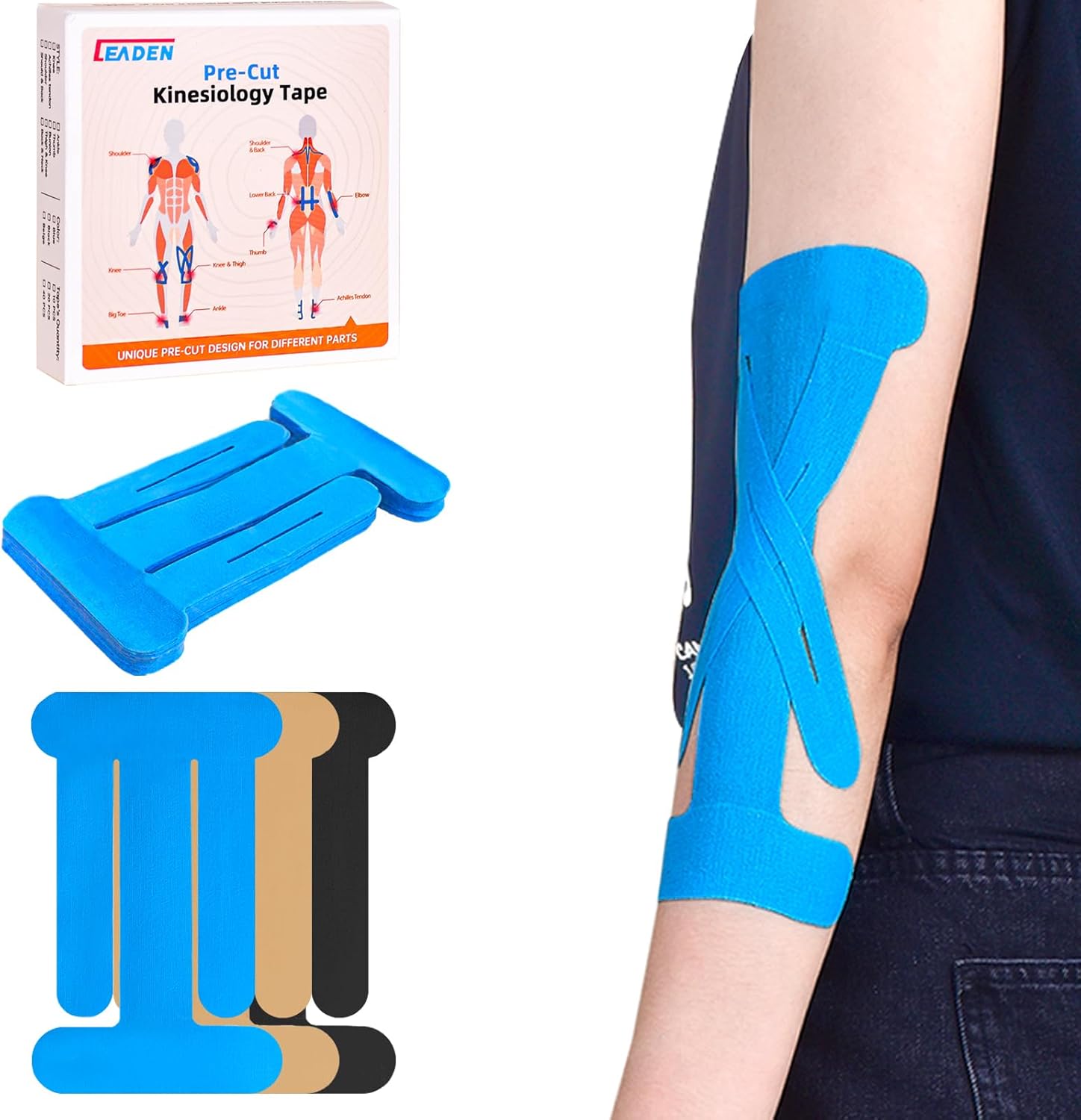 IEADEN Precut Kinesiology Tape for Elbow, 10 Pcs - Elbow Support & Stability, Elbow Pain Relief Athletic Tape - Waterproof & Elastic, Breathable Hypoallergenic Latex-Free Tape, Blue