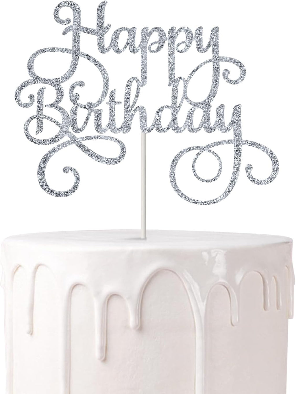 1 PCS Happy Birthday Cake Topper Double-Sided Glitter Birthday Party Cake Decorations Party Photo Booth Props Silver