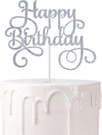 1 PCS Happy Birthday Cake Topper Double-Sided Glitter Birthday Party Cake Decorations Party Photo Booth Props Silver