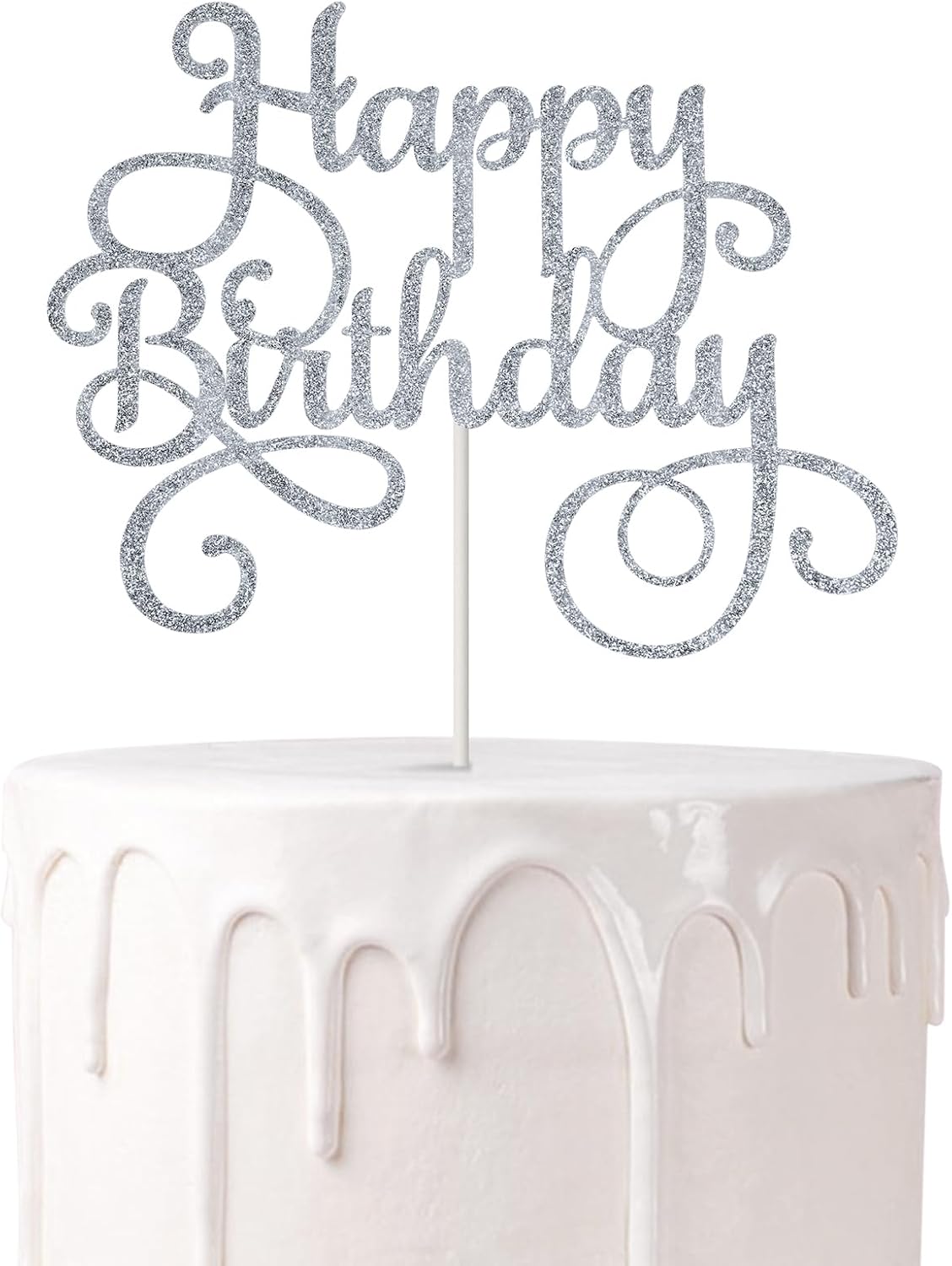 1 PCS Happy Birthday Cake Topper Double-Sided Glitter Birthday Party Cake Decorations Party Photo Booth Props Silver
