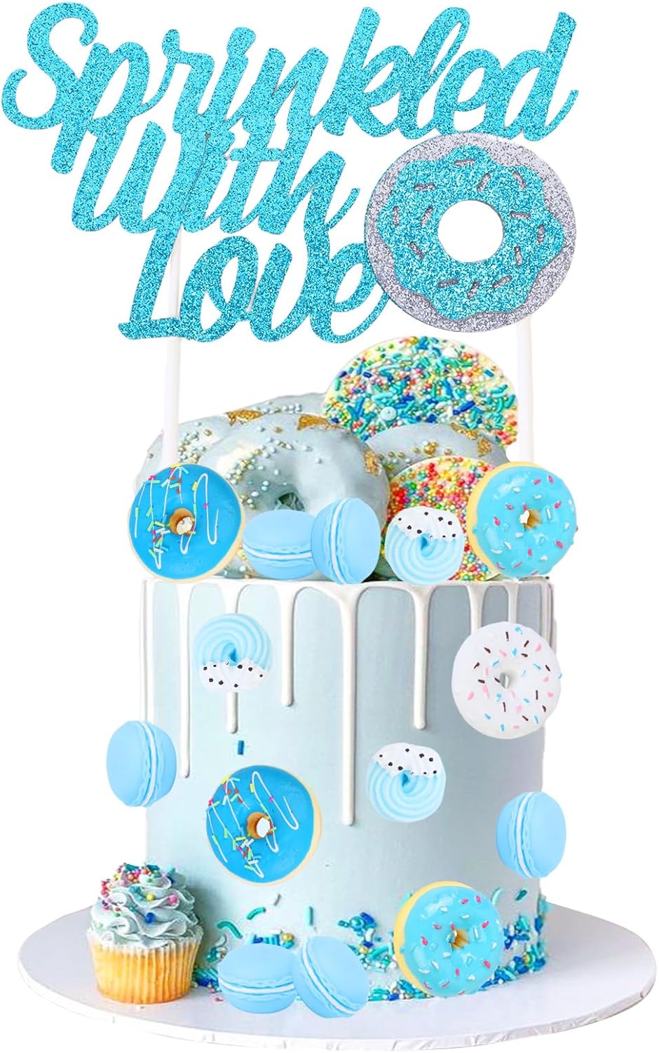 Cheereveal Donut Sprinkled with Love Cake Figures Decorations - Blue Macaron Baby Shower Cake Cupcake Toppers Dessert Picks, Doughnut Theme Baby Shower Birthday Party Photo Props