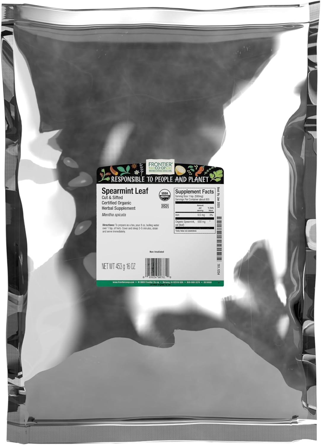 Frontier Co-op Organic Spearmint Leaf, 16 Oz, Bulk Bag - For Tea, DIY Body Care, Cooking, and Craft Cocktails