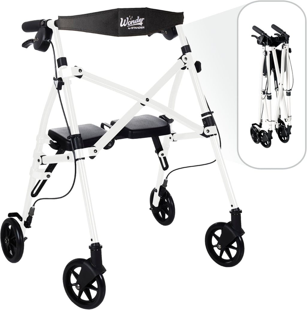 Stander Space Saver Rollator Short, Lightweight Folding Walker with Seat for Juniors & Petite Adults, 4-Wheel Mobility Aid with 6-inch Wheels, Locking Brakes, Padded Seat & Backrest, Vivid White