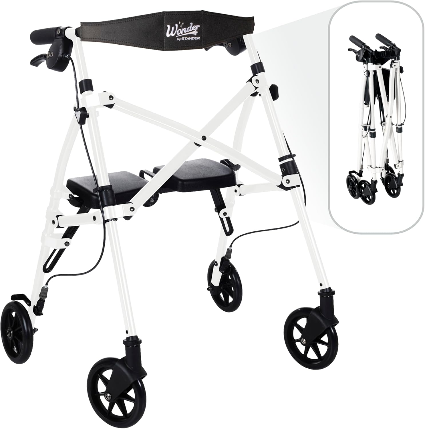 Stander Space Saver Rollator Short, Lightweight Folding Walker with Seat for Juniors & Petite Adults, 4-Wheel Mobility Aid with 6-inch Wheels, Locking Brakes, Padded Seat & Backrest, Vivid White