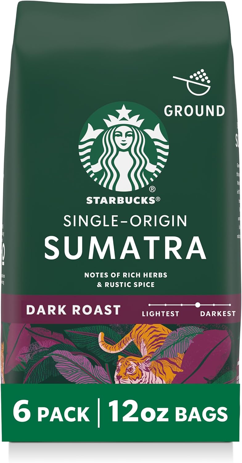 Starbucks Ground Coffee, Dark Roast Hot or Iced Coffee, Single-Origin Sumatra, Six 12 oz Bags