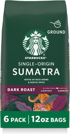 Starbucks Ground Coffee, Dark Roast Hot or Iced Coffee, Single-Origin Sumatra, Six 12 oz Bags