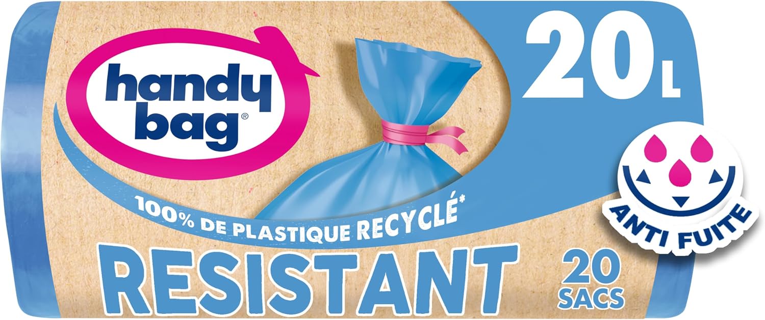 Handy Bag - 20L x 20 Bags Heavy Duty Bin Liners with Ties - Performance: Durable Plastic Film - Maximum Waterproof - 100% Recycled Plastic