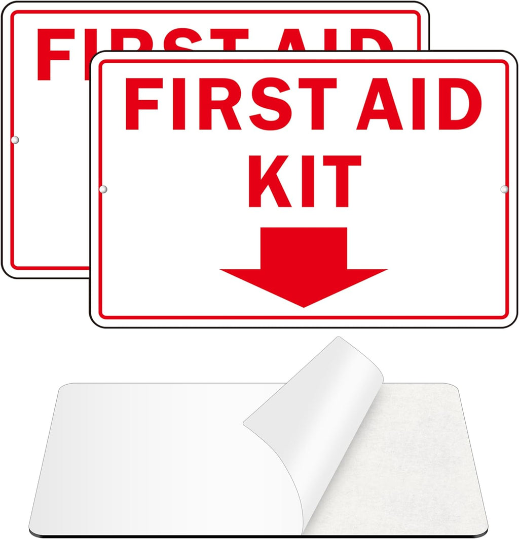 First Aid Sign, (2 Pack) Self Adhesive First Aid Kit Sign for Wall, Aluminum Metal Signs With 2 Pre-drilled Holes (9 x 6 inches, White/Red)