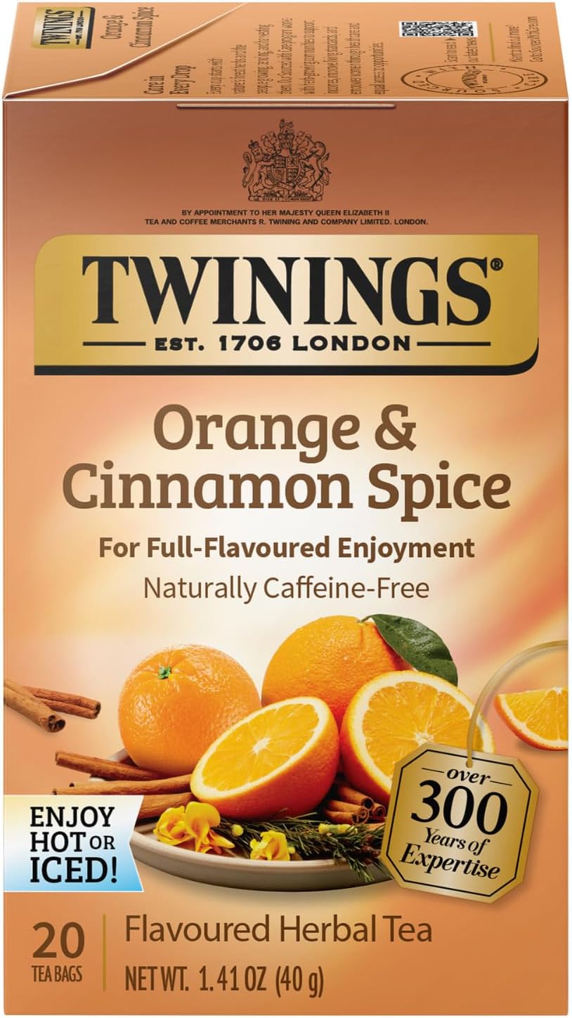 Twinings Orange & Cinnamon Spice Tea, Naturally Caffeine-Free Sweet and Spicy Tea with Rooibos, Orange, and Cinnamon, Herbal Tea Bags Individually Wrapped, 20 Count