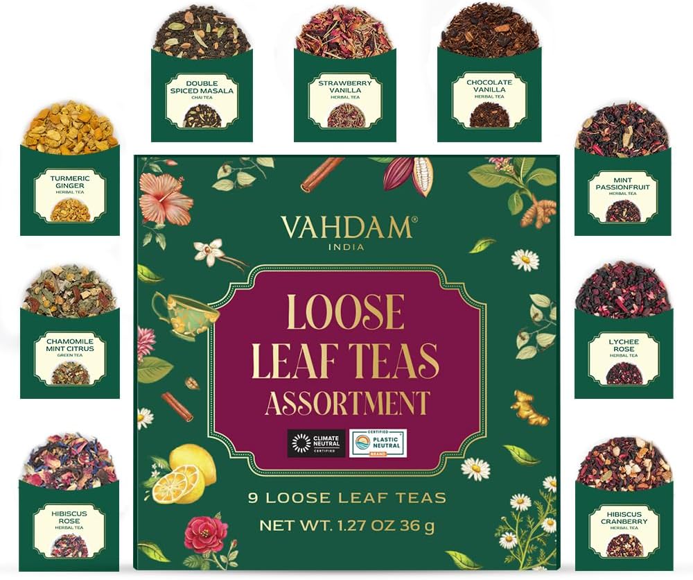 VAHDAM Top 9 Exotic Loose Leaf Tea Sampler (18+ cups) | Floral & Fruity Blends with Delicious Taste | Hot & Iced | Perfect for Gifting & Regular Consumption