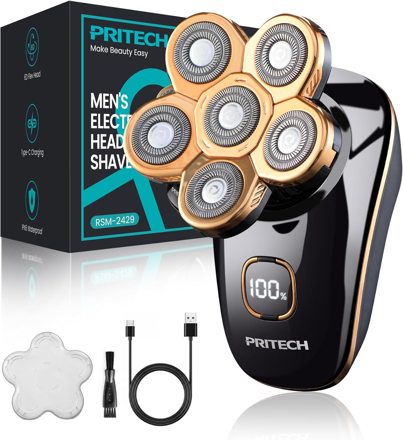PRITECH Head Shavers for Bald Men, Type-C Charge Electric Razor with 6 Rotary Blades, Waterproof Shaving Grooming Kit, Turbo Speed & Precision Blades, LED Display & Detachable Blade Head(Black)