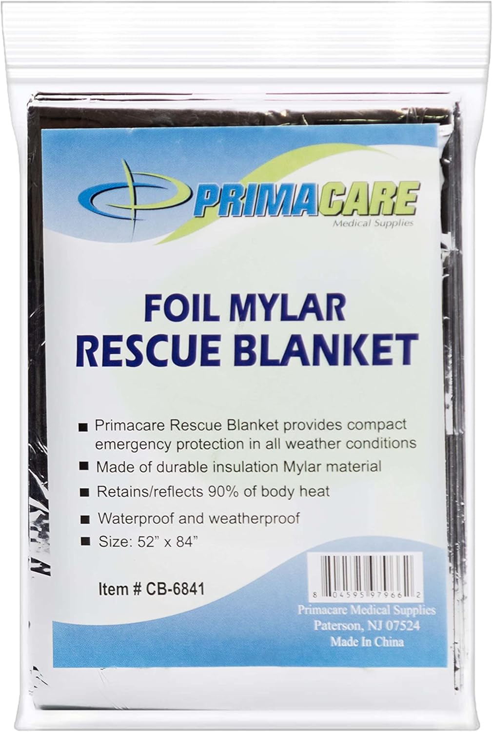 Primacare CB-6841 Emergency Foil Mylar Thermal Blanket, 84" Length x 52" Width
