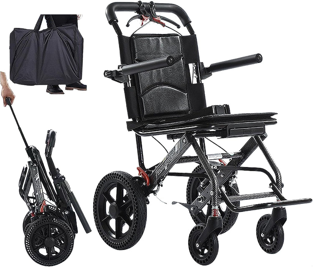 Folding Portable Transport Wheelchair, Lightweight Travel Compact Chair, 12-inch Honeycomb tire with Shock Absorption, for Adults and Seniors Support 220lbs,Black,Black Frame