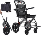 Folding Portable Transport Wheelchair, Lightweight Travel Compact Chair, 12-inch Honeycomb tire with Shock Absorption, for Adults and Seniors Support 220lbs,Black,Black Frame