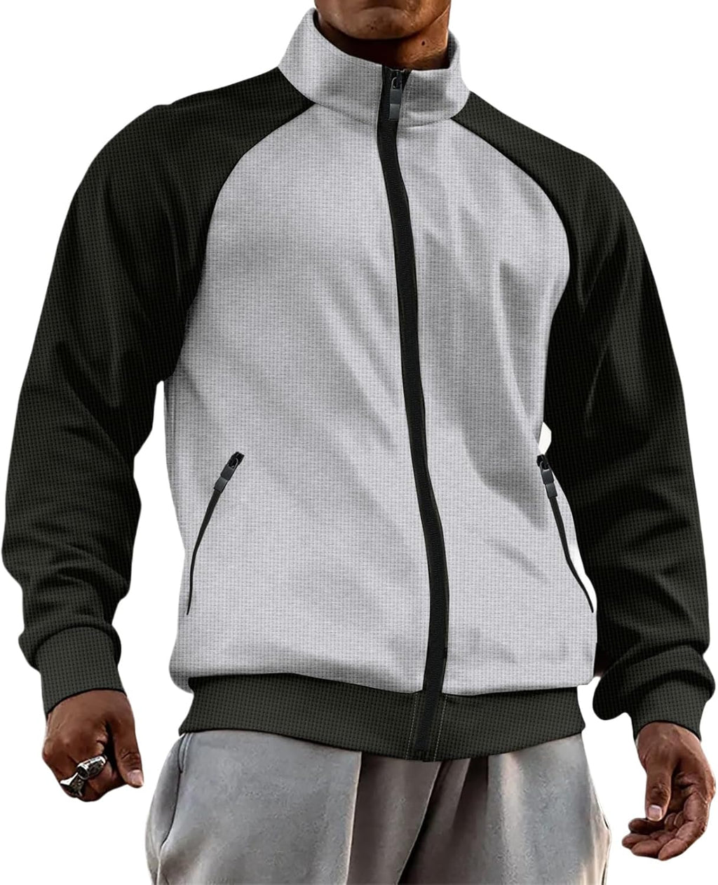 Men's Waffle Jacket Color Block Zipper Cardigan Jacket Turtleneck Raglan Sleeve Sweatshirt Lightweight Soft Sports Coat