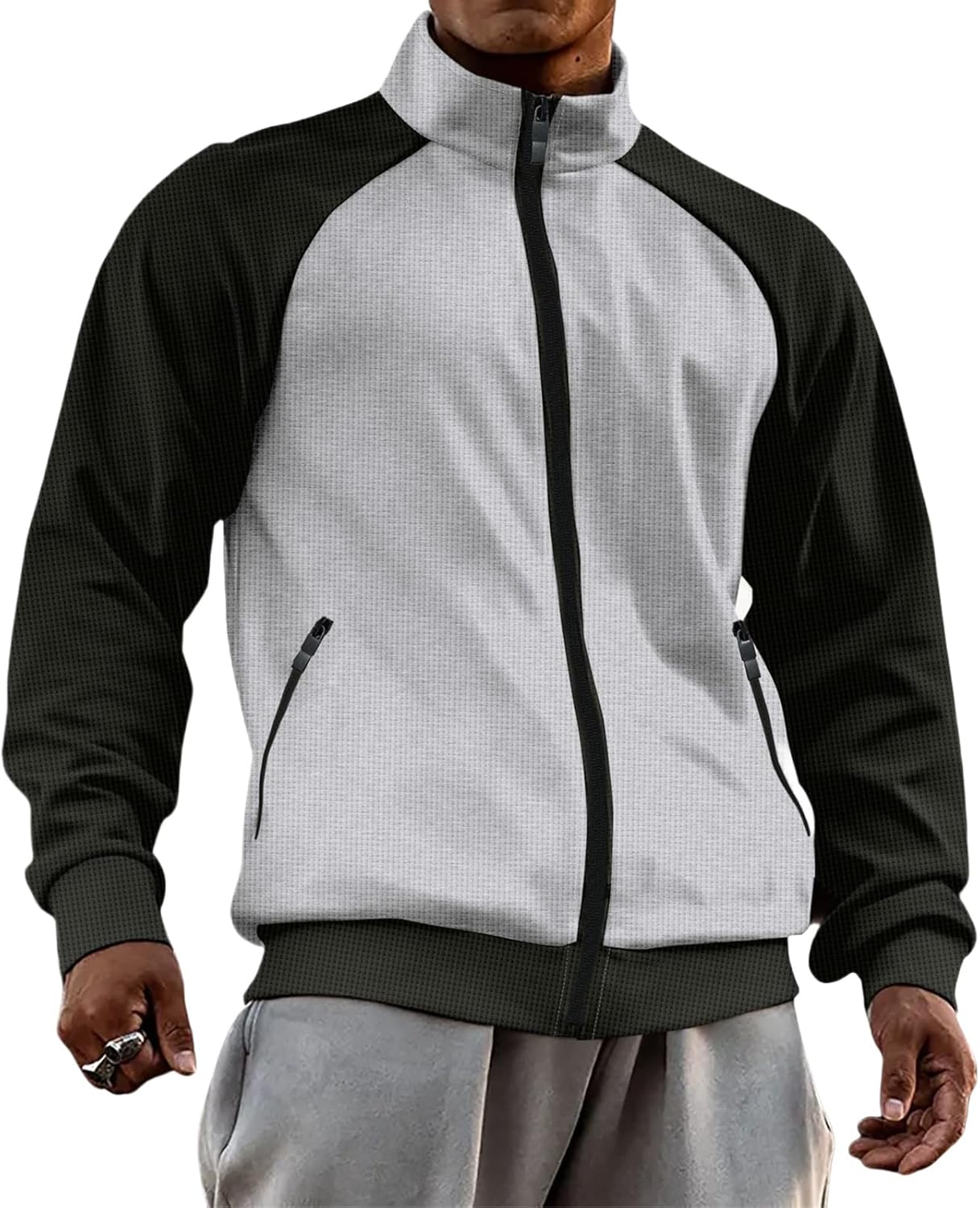 Men's Waffle Jacket Color Block Zipper Cardigan Jacket Turtleneck Raglan Sleeve Sweatshirt Lightweight Soft Sports Coat