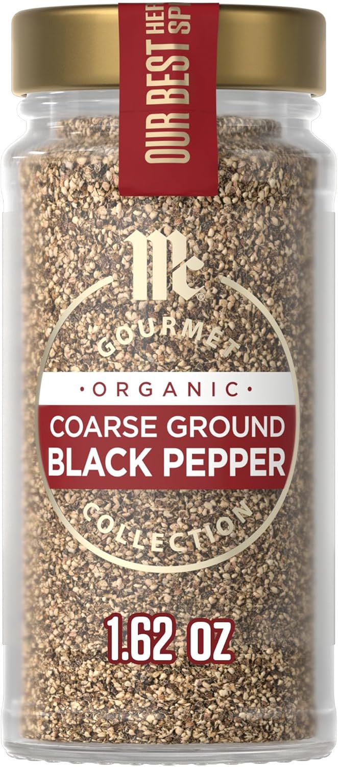 McCormick Gourmet Collection Black Pepper, Coarse Ground, Organic, Non GMO, Kosher, Our Best Herbs & Spices, Coarse Texture Perfect for Rubbing on Roasted or Grilled Meats, 1.62 oz
