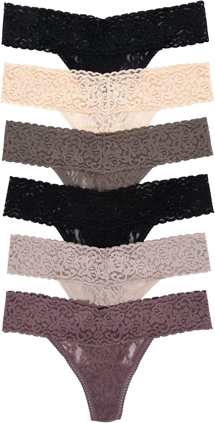 Felina Stretchy Lace Low Rise Thong - Sexy Underwear for Women, Thongs for Women, Seamless Panties for Women (6-Pack)