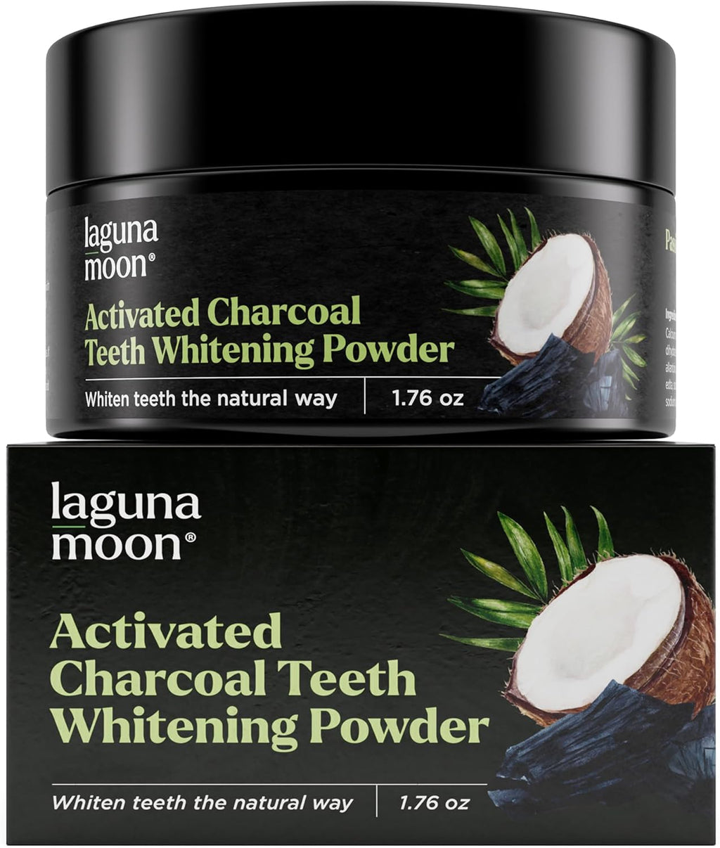 Lagunamoon Activated Charcoal Teeth Whitening Powder - 50g Natural Coconut Charcoal, Effective Teeth Stain Remover and Toothpaste Alternative - Safe for Gums Or Enamel