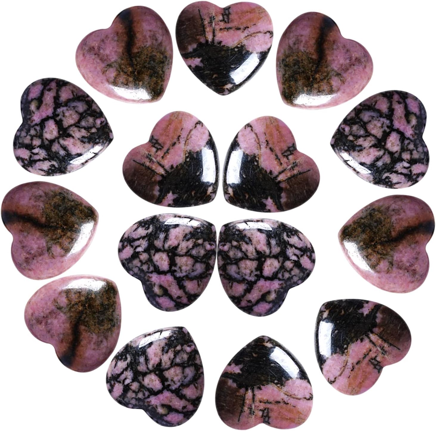 Marrywindix 15 Packs 0.8 Inch Healing Crystal Natural Rhodonite Heart Love Carved Palm Worry Stone Chakra Reiki Balancing