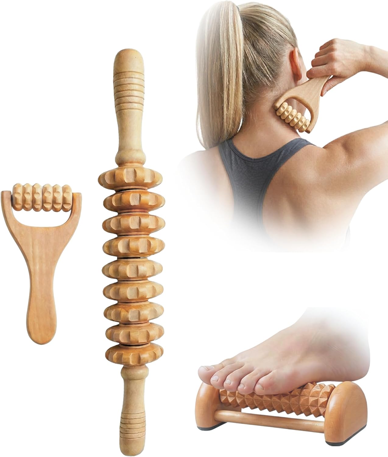 3Pcs Wooden Massage Tools, Massage Roller, Foot Roller for Plantar Fasciitis Relief, Roller for Muscles Deep Tissue Massage, Lymphatic Drainage Massager