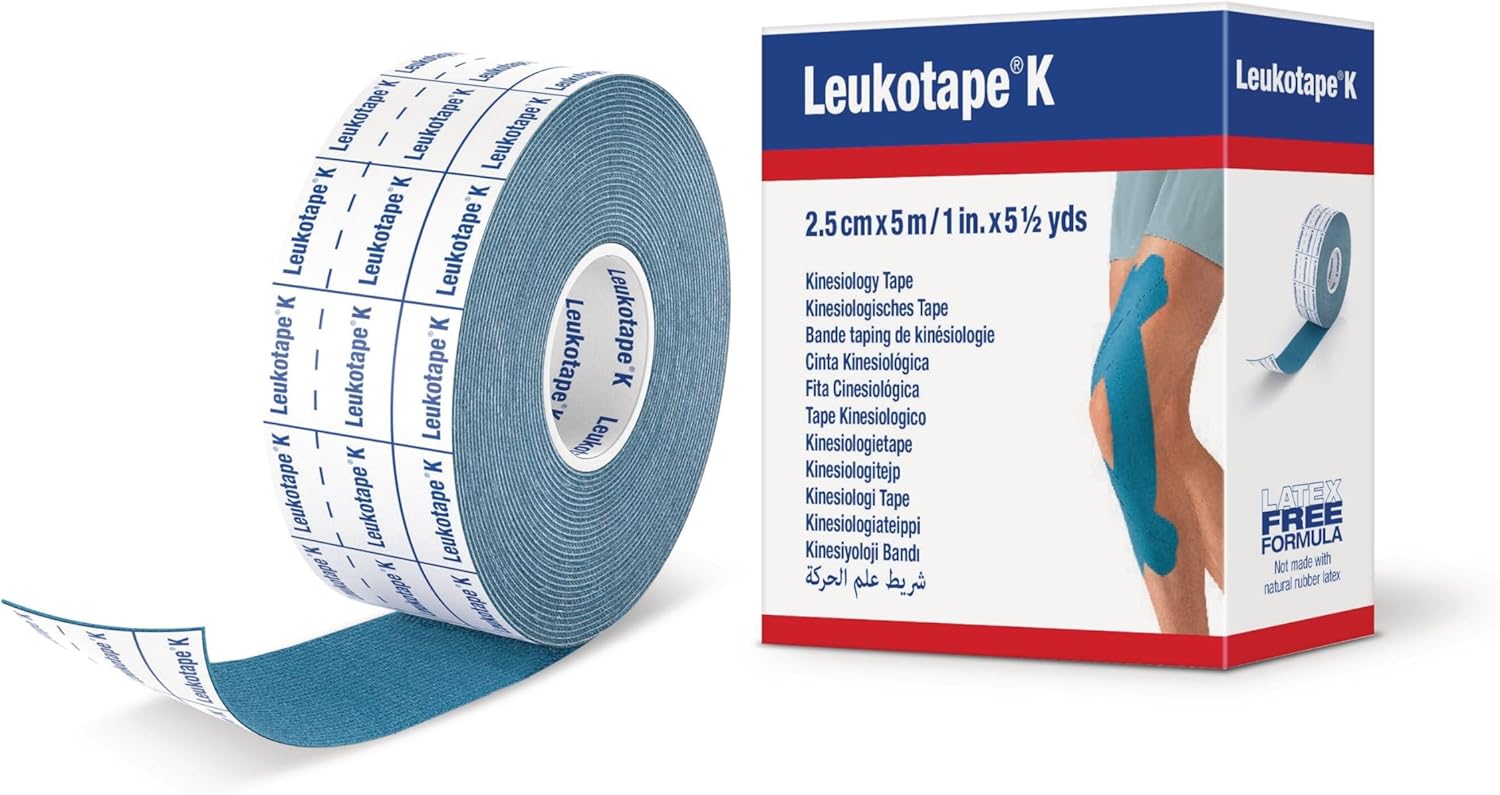 Leukotape K Kinesiology Tape – Water-Repellent, Skin-Friendly, Stays in Place for up to 9 Days - 1 in x 5.5 yds, Blue, 1 Roll
