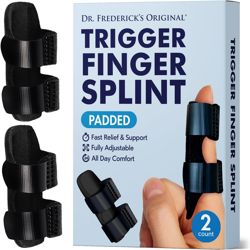 Dr. Frederick's Trigger Finger Splint - 2 ct - HSA/FSA - Index, Middle & Ring Fingers - Padded Brace for Arthritis, Mallet Finger, Tendonitis - Adjustable, Doctor-Developed - Regular Black