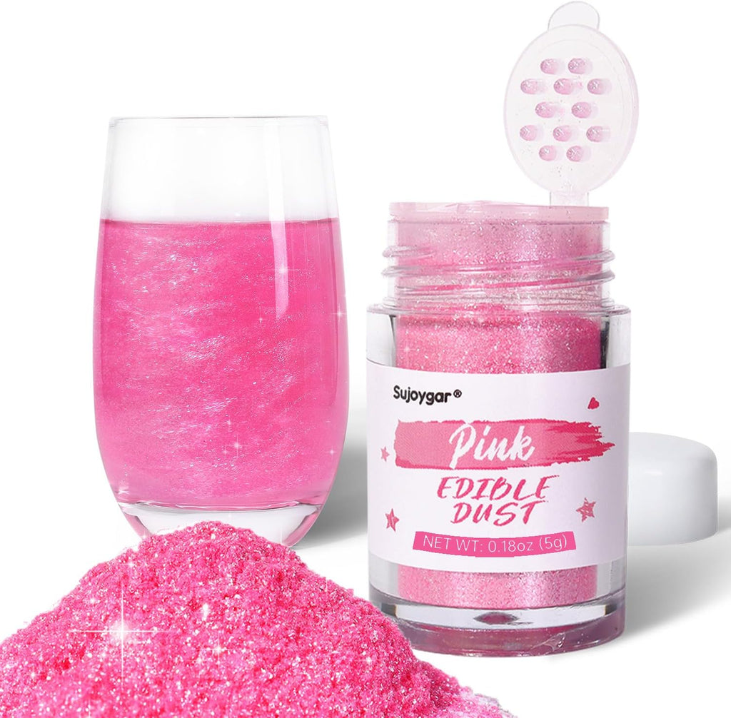 Sujoygar Pink Edible Glitter for Drinks, 5g Food Grade Drink Glitter, Luster Dust Edible for Cakes Cocktails Drinks Chocolate Strawberries, Valentine Wedding Girls Party Food Decoration