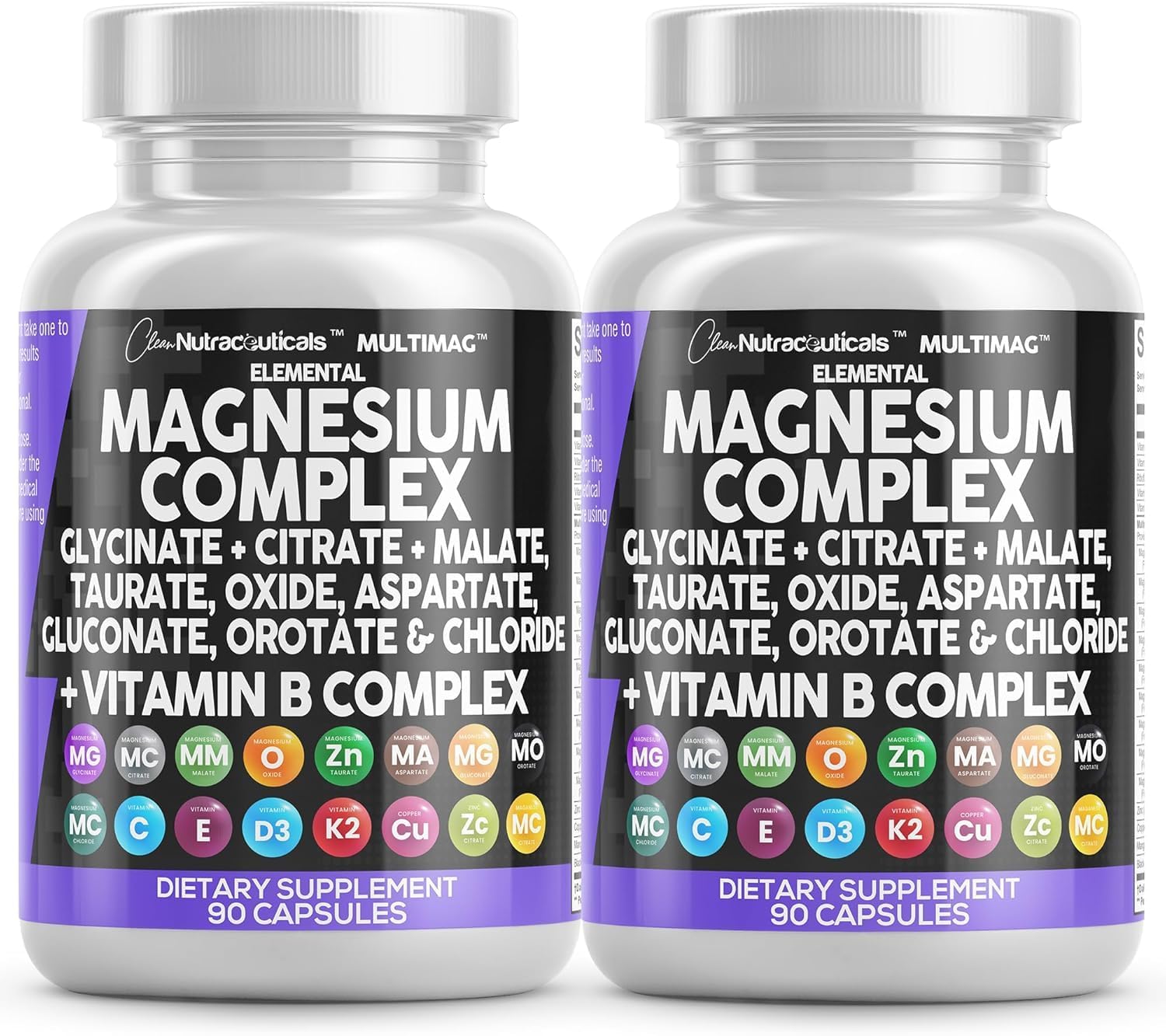 Clean Nutraceuticals Magnesium Complex with Magnesium Glycinate Citrate Malate Oxide Taurate Aspartate Orotate & Mag Chloride, Zinc Copper Manganese (90 Count (Pack of 2))