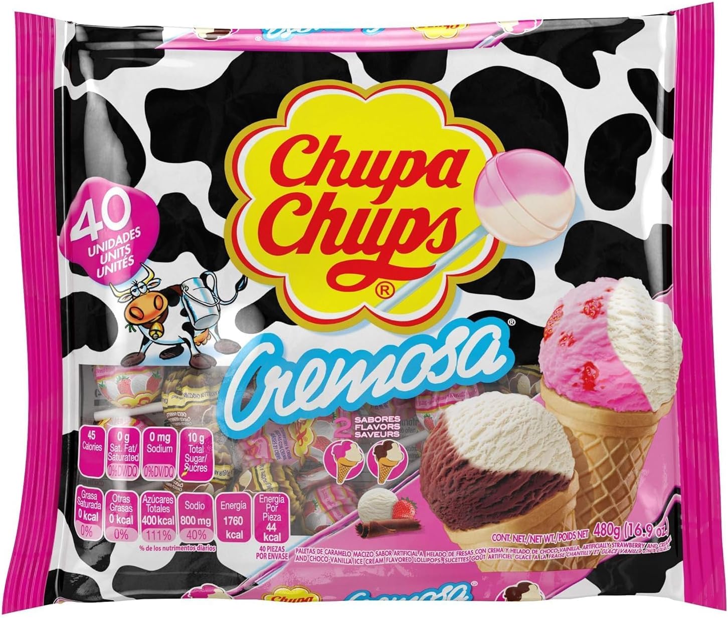 Chupa Chups Cremosa Lollipop Assortment, 2 Ice Cream Flavors, Individually Wrapped Candy for Kids, 10.5 Oz Bag (25 Suckers)