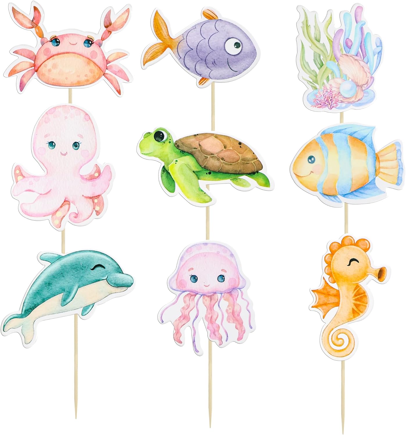 Ephlyn 36Pcs Ocean Animal Cupcake Toppers Under the Sea Turtles Octopus Cupcake Picks Seahorse Coral Cake Decorations for Under the Sea Theme Baby Shower Birthday Party Supplies