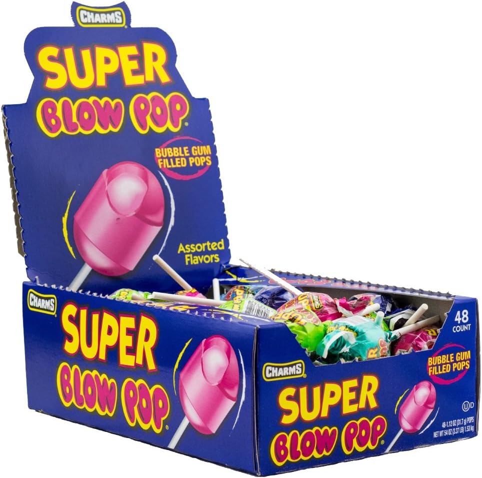 Charms Super Blow Pop Lollipops - Dual Candy and Gum Suckers - Holiday Size Bulk Treats for Kids and Adults - Assorted Flavors, 48 Count