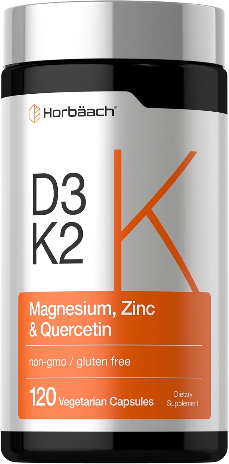 Horbäach Vitamin D3 K2 | 5000 IU D3 | 120 Capsules | with Magnesium, Zinc, & Quercetin | Vegetarian, Non-GMO, Gluten Free Supplement