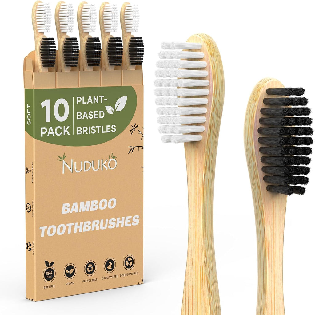 NUDUKO Bamboo Toothbrushes Travel Toothbrush 10 Pack - BPA Free Plant-Based Soft Bristle Toothbrush, Eco-Friendly, Natural Wooden Tooth Brush, Biodegradable Soft Toothbrushes for Adults