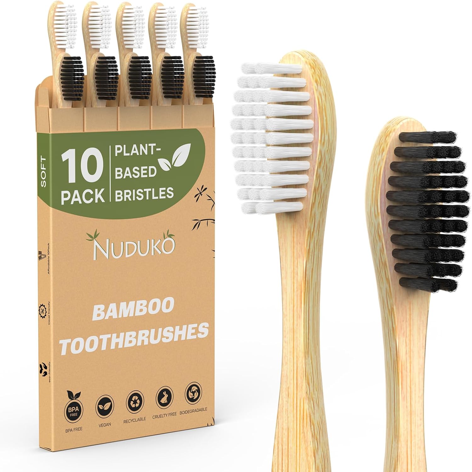 NUDUKO Bamboo Toothbrushes Travel Toothbrush 10 Pack - BPA Free Plant-Based Soft Bristle Toothbrush, Eco-Friendly, Natural Wooden Tooth Brush, Biodegradable Soft Toothbrushes for Adults