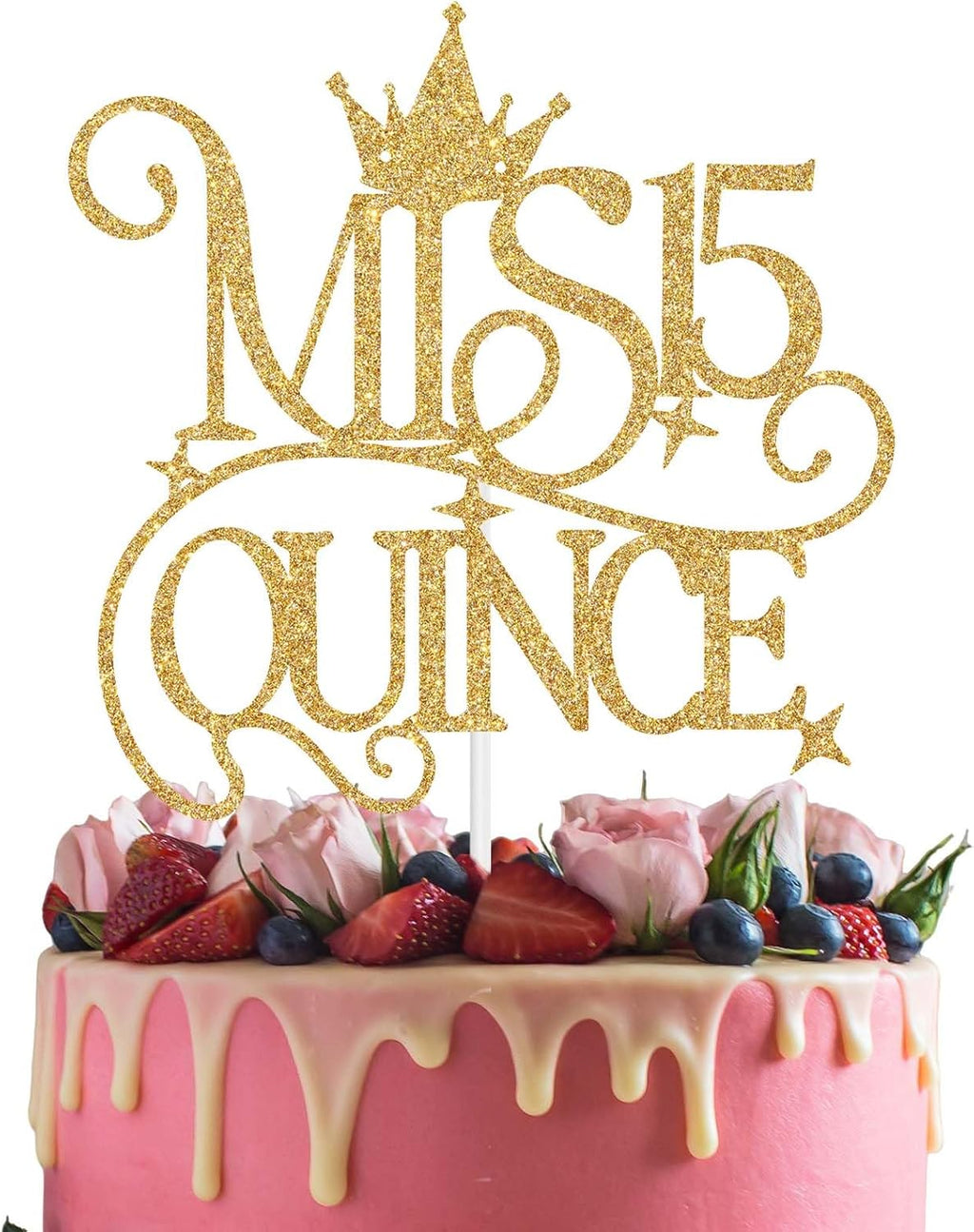 Mis Quince 15 Cake Topper, 15 Quinceanera Cake Decorations, Hello Fifteen Happy 15th Birthday Party Decoration Supplies, Feliz 15 Anos Cake Topper Gold Glitter