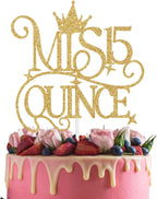 Mis Quince 15 Cake Topper, 15 Quinceanera Cake Decorations, Hello Fifteen Happy 15th Birthday Party Decoration Supplies, Feliz 15 Anos Cake Topper Gold Glitter