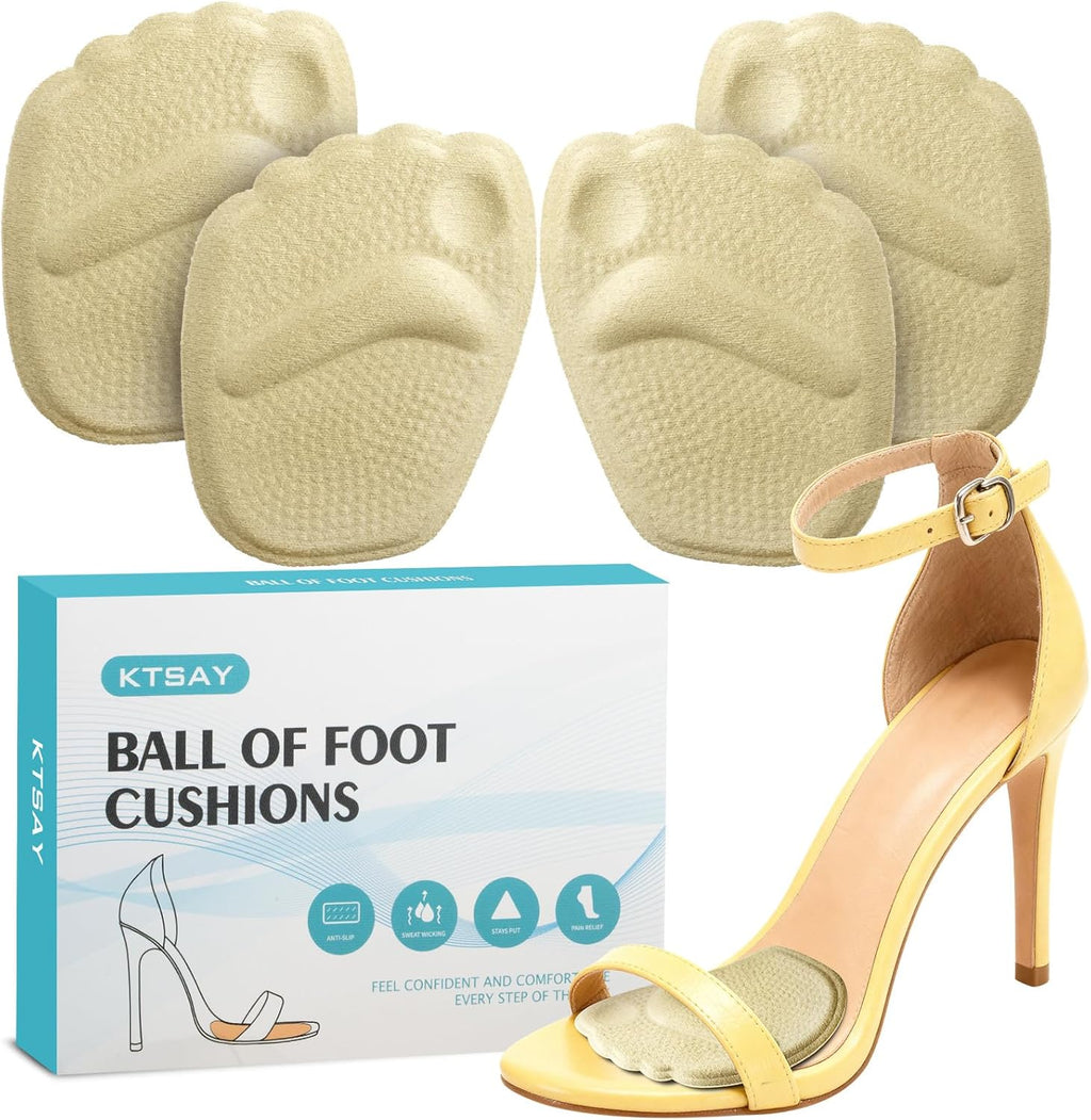KTSAY Metatarsal Pads Women, Gel Ball of Foot Cushions for Pain Relief in Shoes, Non-Slip Heel Inserts, One Size Fits All (2 Pair, Beige)